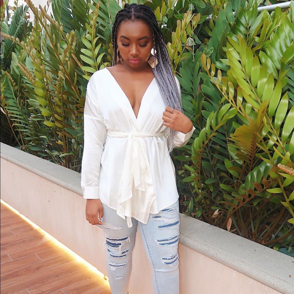 Ivory Satin Plunge Tie Waist Blouse